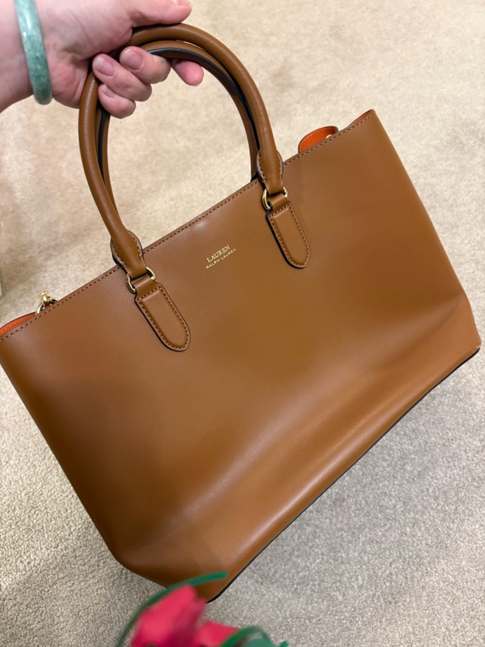 Lauren Ralph Lauren Caramel Brown Leather Tote with Top Handles